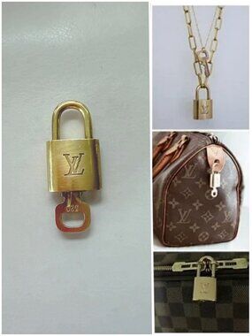 Louis Vuitton Gold Padlock & Key Necklace Pendant Bag Charm # 320